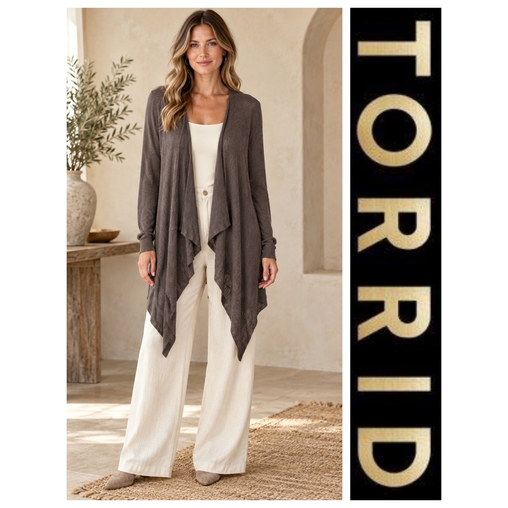 Torrid Brown Open Drape Front Knit Long Sleeve Lagenlook Peplum Cardigan 1X